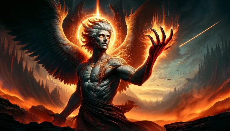 Azazel depicted with a fiery aura, on a chaotic battlefield.