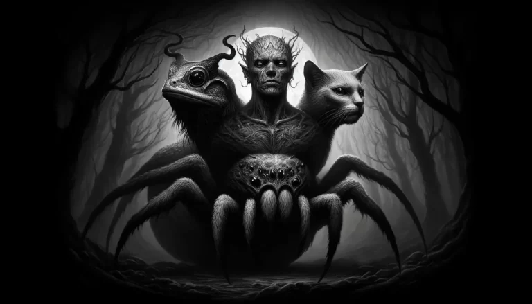 Monochrome illustration of the demon Bael with three heads (toad, man, cat) atop a giant spider in a dark, foggy forest.