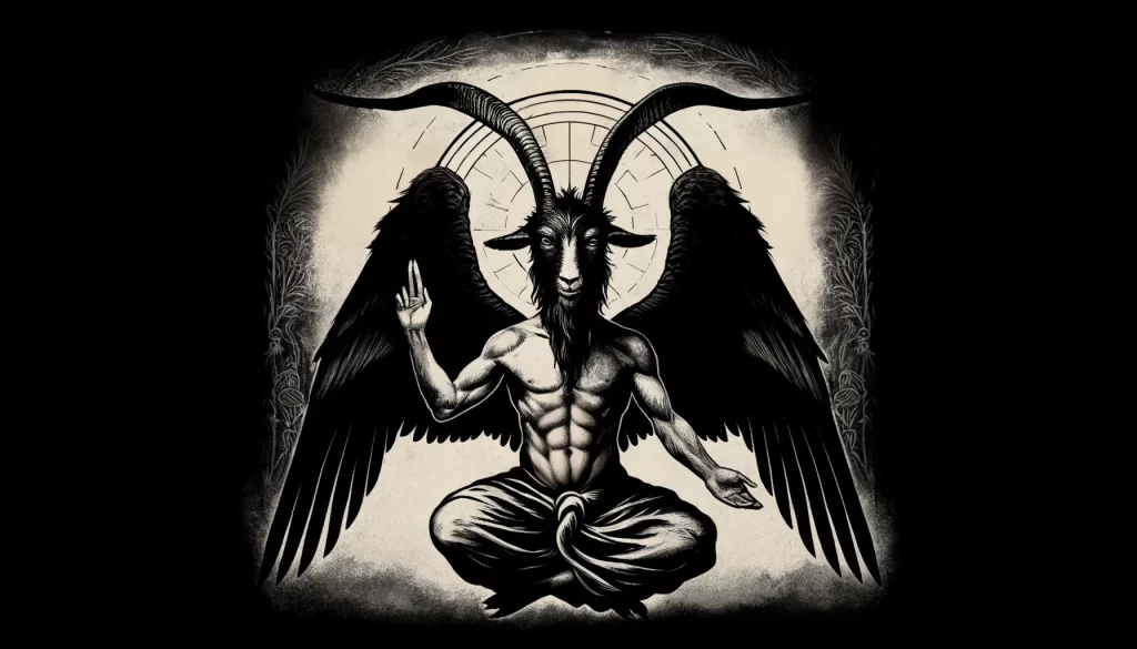 Illustration of Baphomet with a goat's head and a human body.