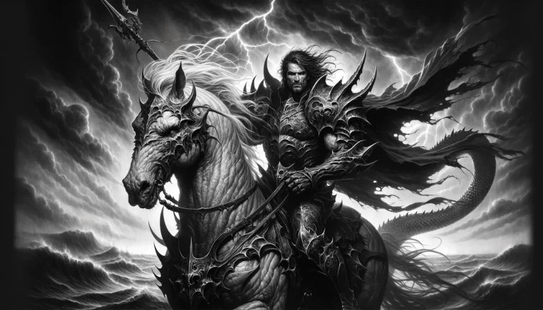 Monochrome image of a muscular man with a serpent tail riding a horse in a stormy setting.