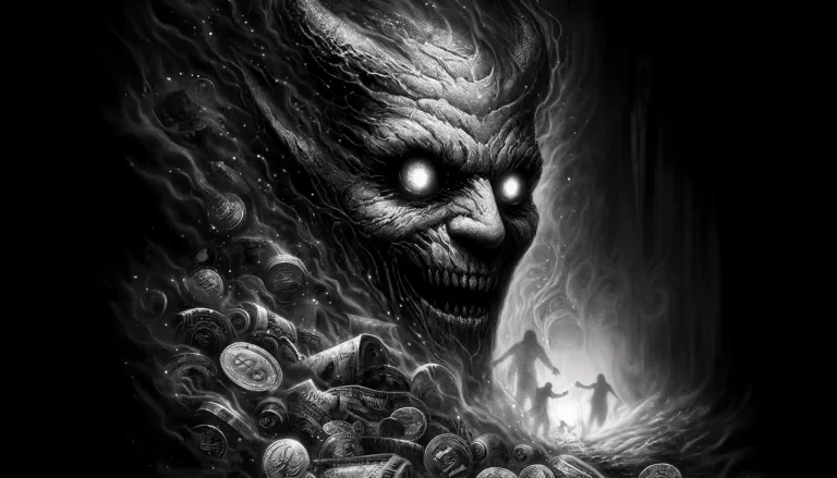 Monochrome depiction of the demon Mammon, with glowing eyes, surrounded by ghostly figures in a dark, misty atmosphere.