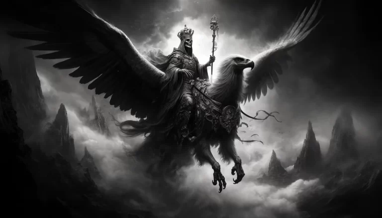 A demon Murmur in ancient armor rides a majestic griffin through a foggy, monochrome landscape, symbolizing dominion over death and the spiritual realm.