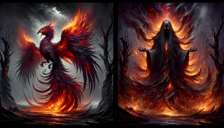 A dark scene with Phenex depicted as a fiery phoenix and a menacing human figure, set against a desolate, twisted landscape.