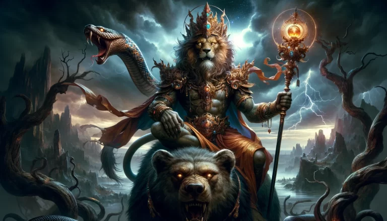 A powerful demon Purson with a lion's face and a human body, wearing a crown, seated on a bear, holding a scepter, in a desolate, stormy landscape.