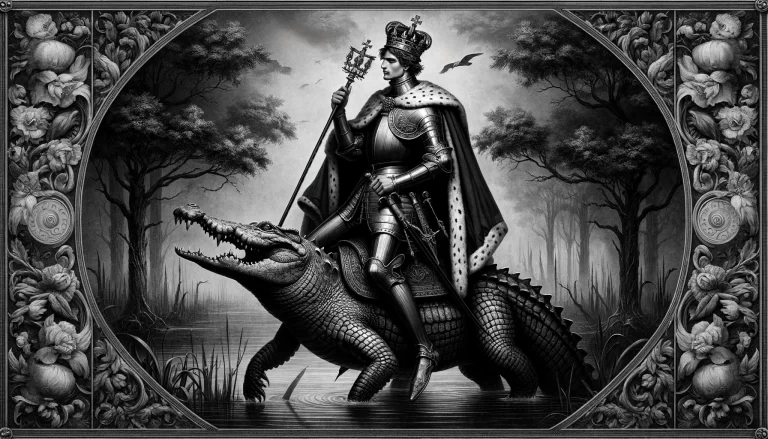 A medieval soldier on a crocodile, monochrome tones