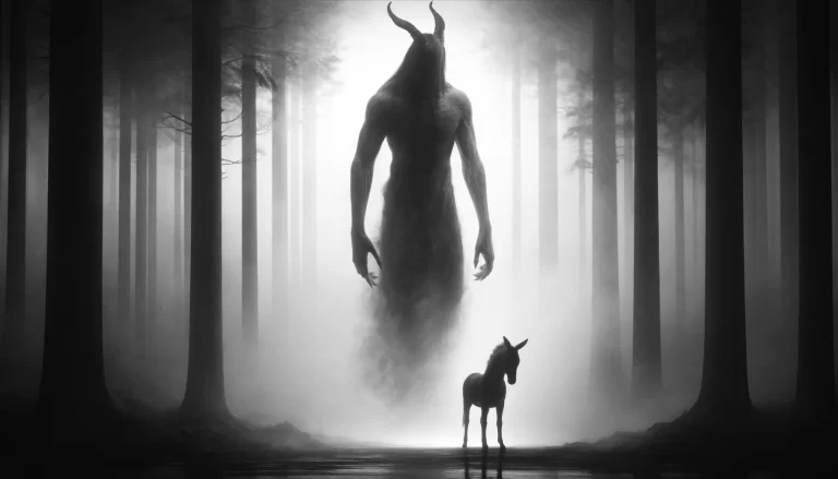 Monochrome image of Samigina transitioning from donkey to human in a dark forest.