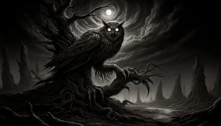 Stolas as an owl with long legs perched on a twisted tree in a stormy, dark landscape, with glowing eyes.