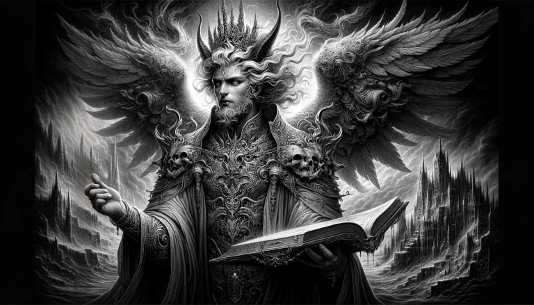 Vassago in regal attire holding a book, in a monochrome mystical landscape.