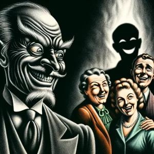 A figure with a twisted, malevolent expression watches happy individuals, symbolizing the sin of Envy.