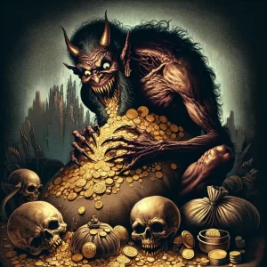 Grotesque demonic figure surrounded by piles of gold and jewels, representing the sin of Greed in a dark, demonological style.