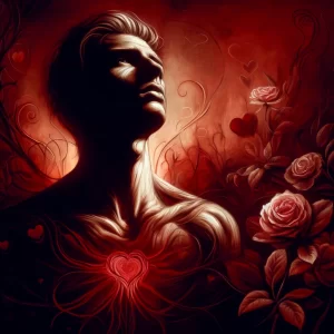 A figure with an expression of intense longing and desire, surrounded by subtle elements like hearts and roses, in a refined, sensual atmosphere.