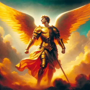 A proud angelic figure in golden armor stands defiantly in a simple heavenly background, exuding arrogance and self-importance.