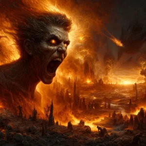 A figure with intense anger stands amidst flames and destruction, symbolizing the sin of Wrath.