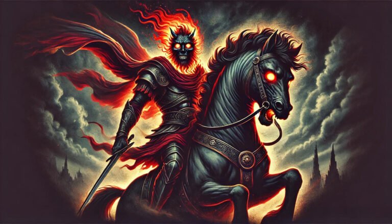 Alloces as a soldier on a gigantic horse with a fierce, leonine face and flaming eyes in a mystical landscape.