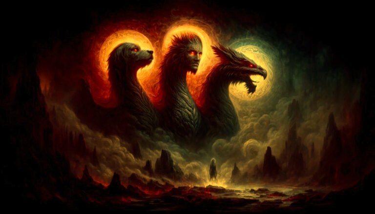 Illustration of the demon Bune as a dragon with three distinct heads in a shadowy, mystical landscape.