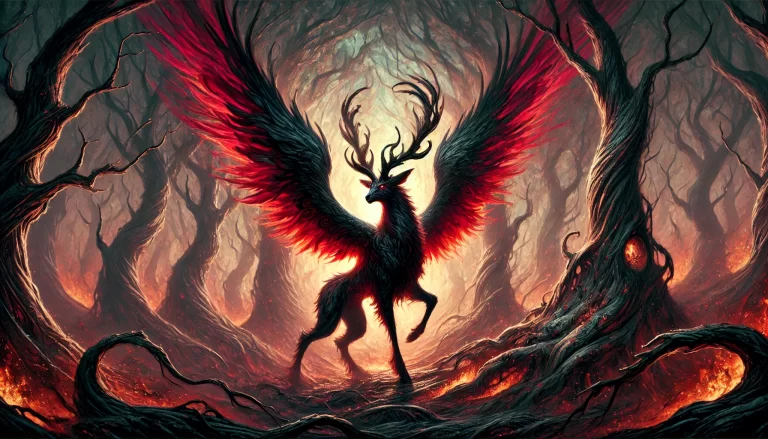 Mythical depiction of Furfur as a winged deer in a demonic forest.