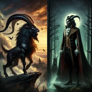 Demon Leonard depicted as a black goat and as a humanoid.