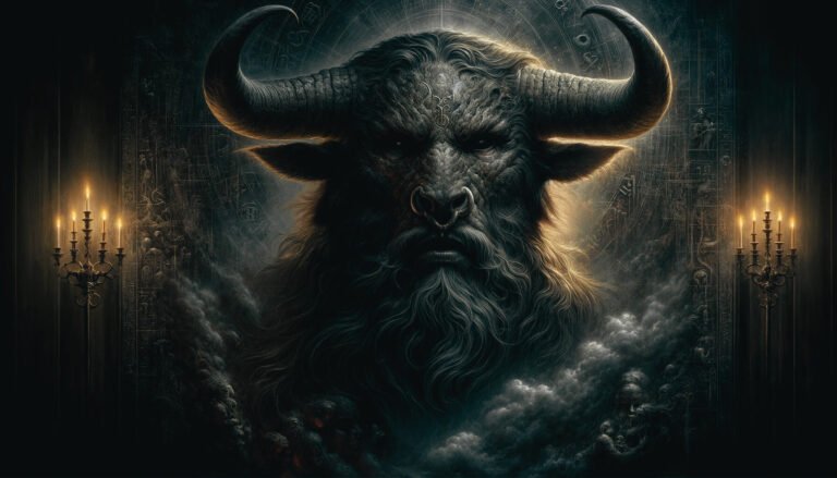 Demon Marax as a bull with a human face in a mystical setting.