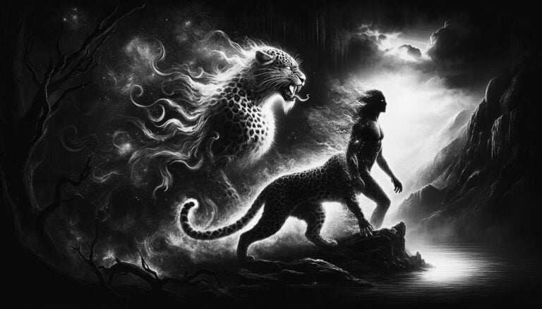 Ose the demon transforming from a leopard to a human in a mystical setting.