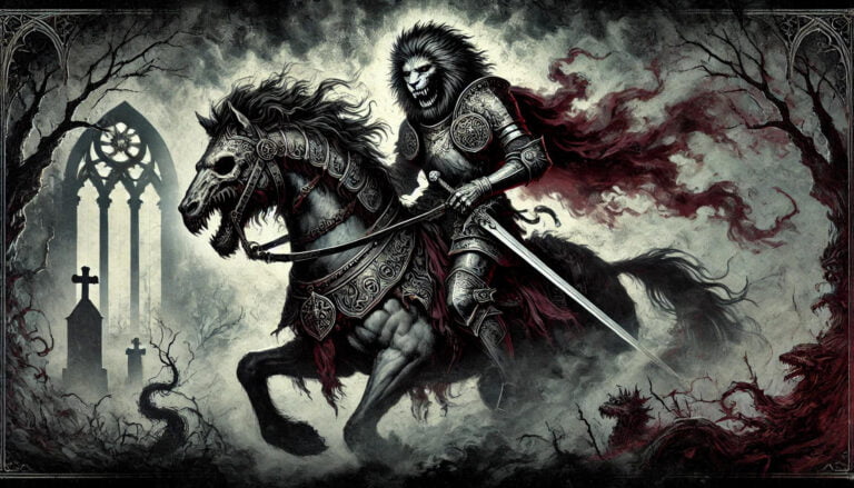 Sabnock depicted as an armed soldier with a lion’s head on a pale horse in a mystical setting.