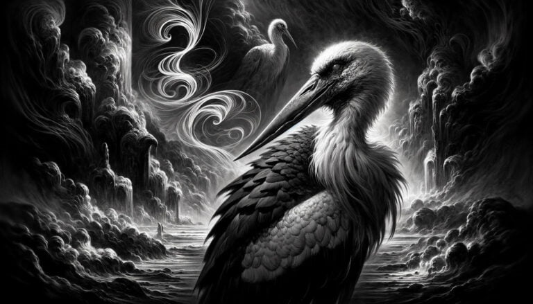 Artistic depiction of the demon Shax as a stork, with a dark and otherworldly background.