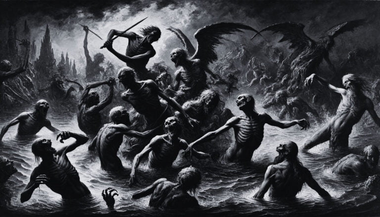 Wrathful souls fighting on the river Styx.