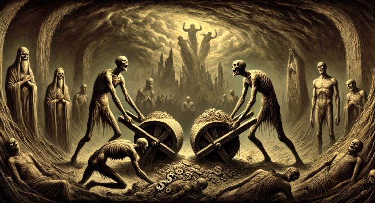 Conflict in the Fourth Circle of Dante's Inferno with souls eternally pushing weights.