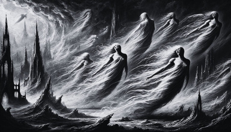 Souls punished for lust in a stormy realm.