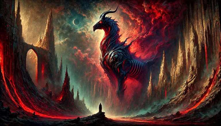 Demon Vual depicted as a dromedary transitioning to human form in a dark, mystical landscape.