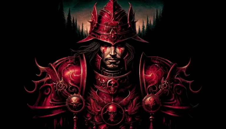 Zepar in dramatic red armor against a black background.