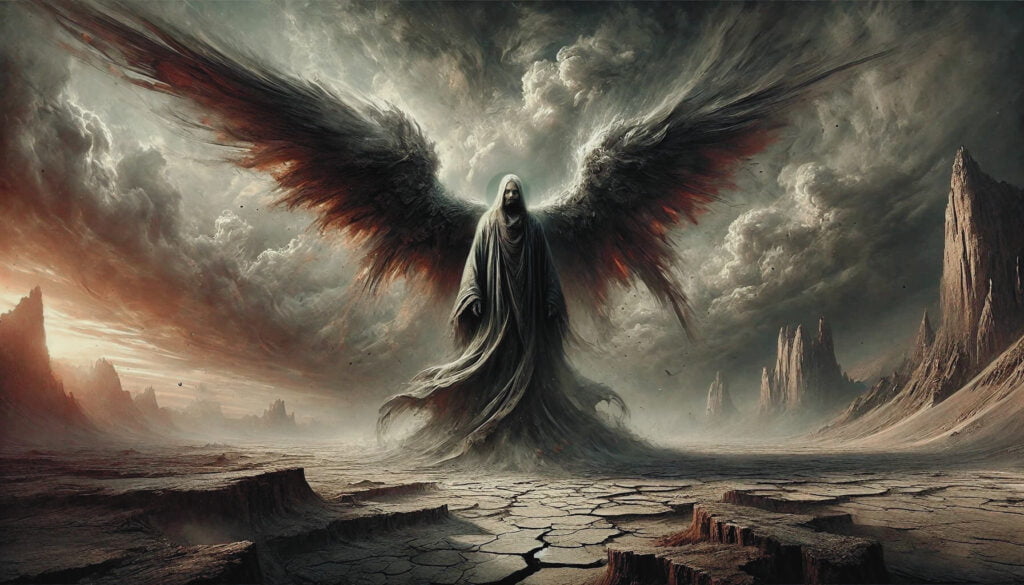 Samael in a desolate landscape with stormy skies.