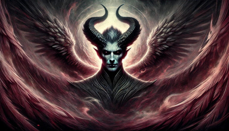 Samael demon, an angelic being with dark features, in a shadowy, crimson and black realm.