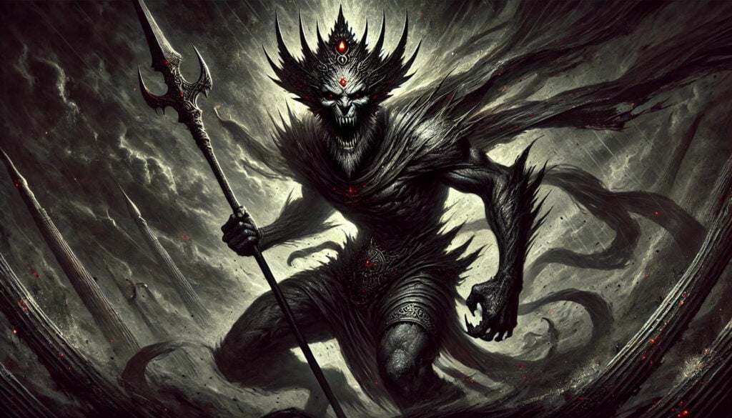 A fearsome depiction of Aeshma, the Zoroastrian demon of wrath, with sharp teeth and clawed hands, wielding a spear in a stormy setting.