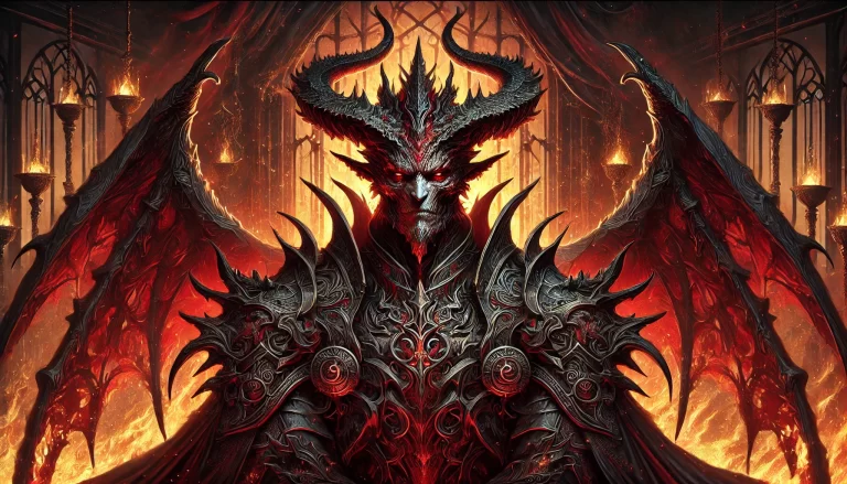 Image of demon Agaliarept as a supreme commander in Hell, wearing dark ornate armor, set against a fiery backdrop.