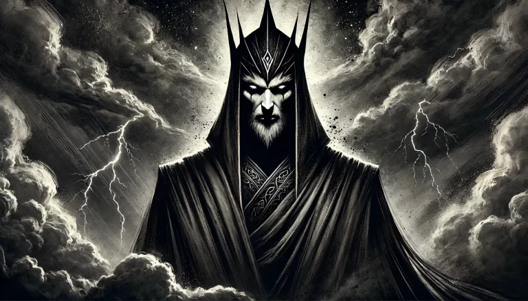 Artistic portrayal of Ahriman, a figure cloaked in darkness with piercing eyes, set against a stormy backdrop.