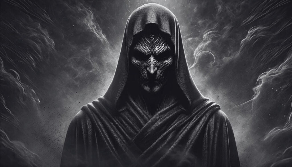 A shadowy figure with dark eyes, cloaked in black, embodying Aka Manah from Zoroastrian mythology.