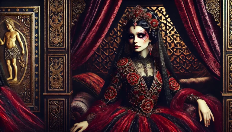 Belphegor in a seductive form as a beautiful woman in a dark, ornate chamber, wearing a crimson and black gown.