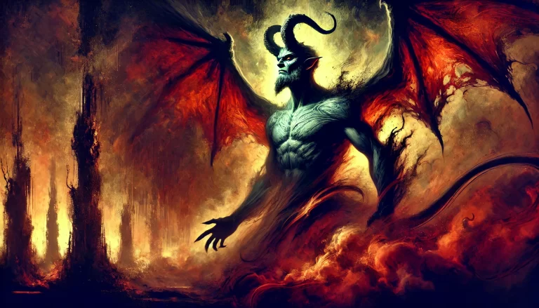 Demonic figure Gaap with bat wings in a dark supernatural realm.