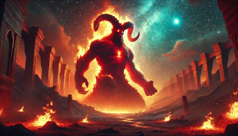 An Ifrit in a mystical desert under a starry sky, surrounded by flames.