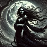 Mystical depiction of Lilith standing alone under a moonlit sky, embodying strength and defiance.