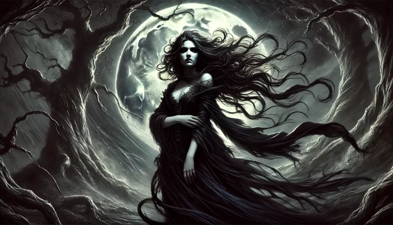 Mystical depiction of Lilith standing alone under a moonlit sky, embodying strength and defiance.