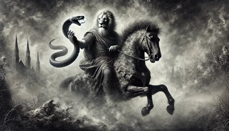 A lion with majestic features rides a black horse and holds a viper.