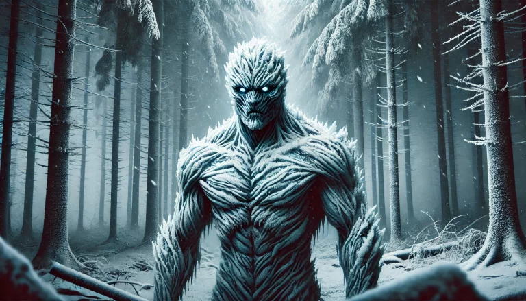 Illustration of a Wechuge in a snowy forest, a humanoid with a muscular build covered in ice.