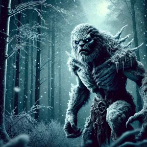 A fearsome Wechuge creature in a dark, snowy forest.