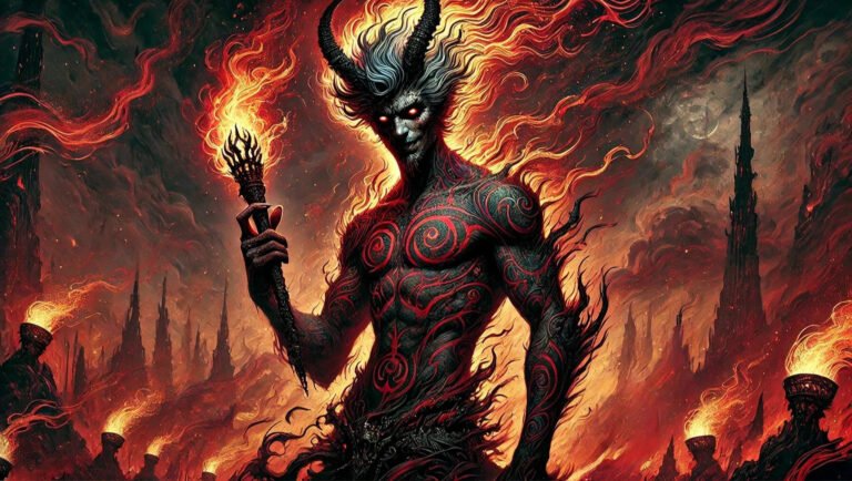 Artistic depiction of Xaphan, a demon with a fiery aura and rebellious spirit.