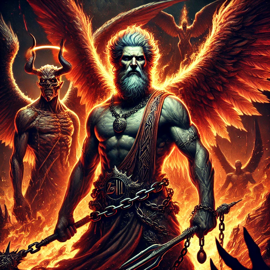 Fearsome Zabaniyah, angelic guardians of hell, in a fiery landscape.