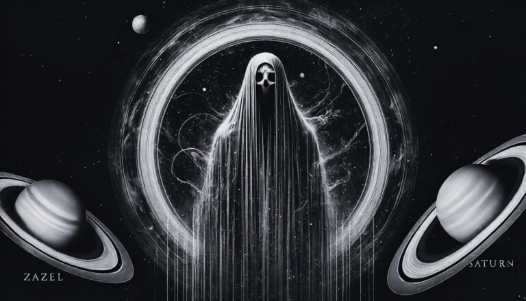 Zazel, a ghostly figure amidst a backdrop of Saturn’s rings.