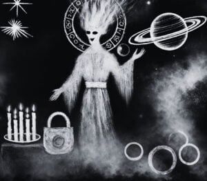 Illustration of the mystical spirit Zazel, surrounded by symbols of Saturn in a dark celestial setting.