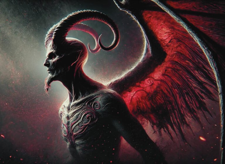 Abezethibou, a demon with a singular red wing, depicted in a dark setting.