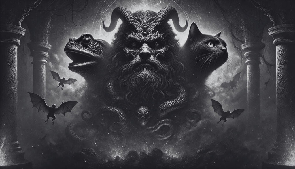 Demon Baal with three heads: a toad, a man, and a cat, in a shadowy, eerie setting.